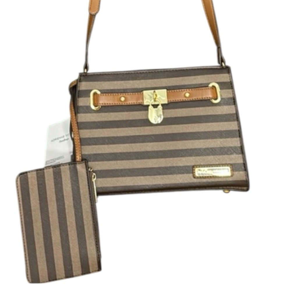 Adrienne Vittadini Purse Brown Striped Tote w/ Detachable Zipper Pouch NWT